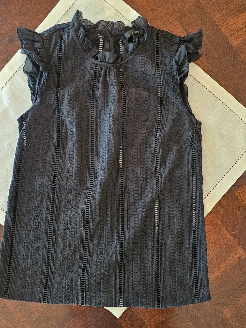 J. Crew Women's Ruffle Mock Neck Eyelet Sleeveless Top Black Sz 00